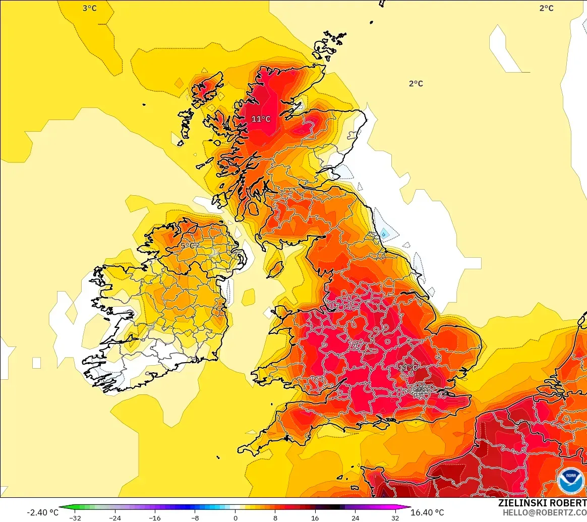 GFS modelo - Reino Unido, Anomalía de temperatura a 2 m