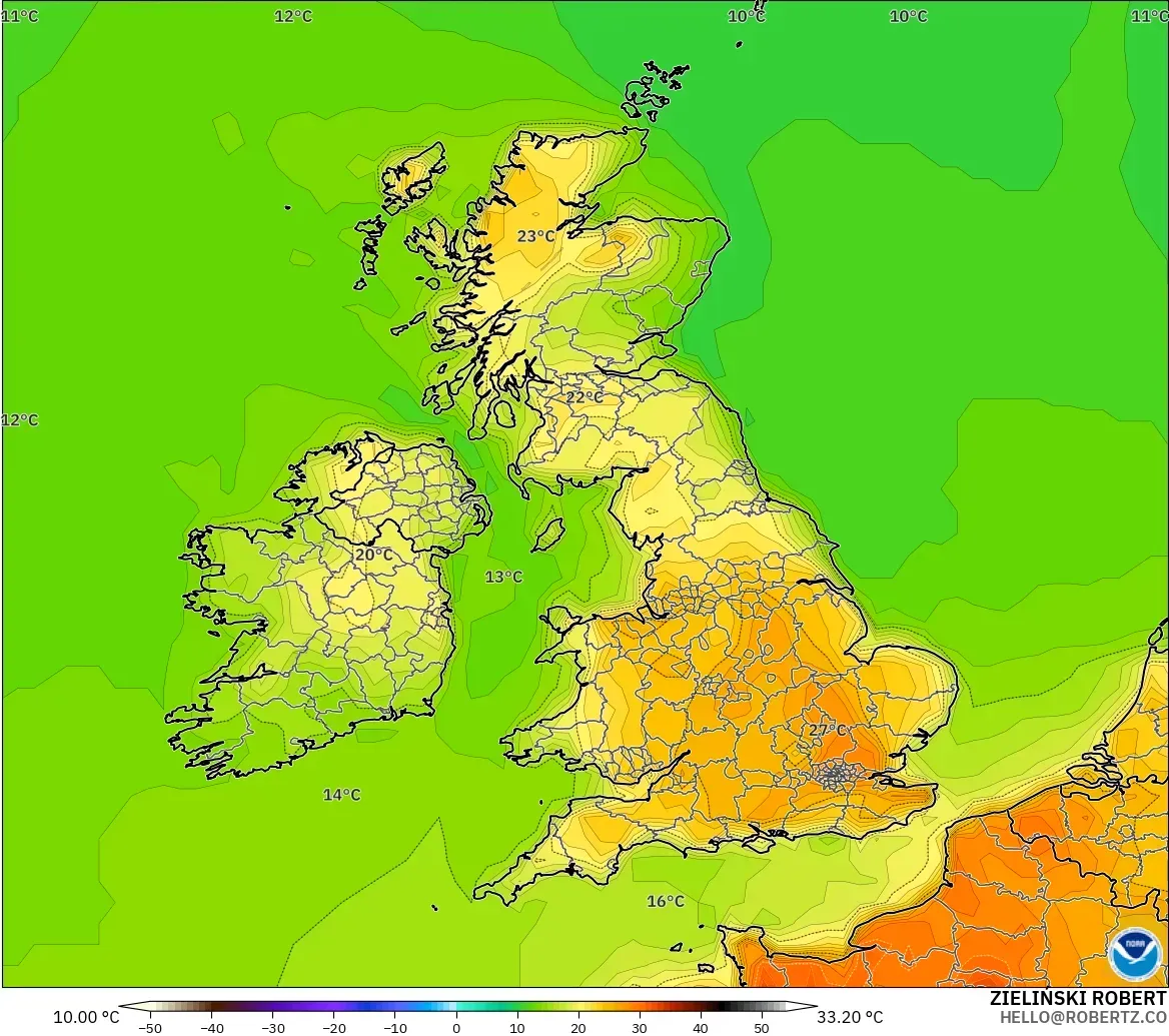 GFS modelo - Reino Unido, Temperatura a 2 m