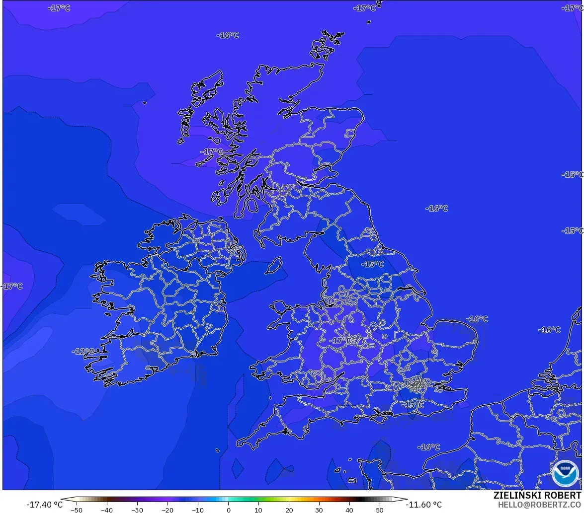 GFS modelo - Reino Unido, Temperatura a 500 hPa