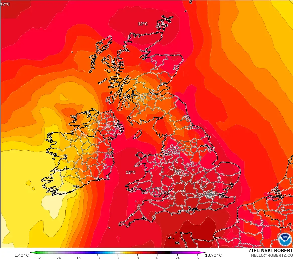 GFS modelo - Reino Unido, Anomalía de temperatura a 850 hPa