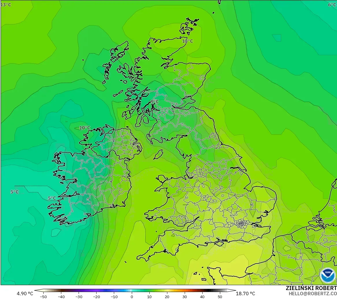 GFS modelo - Reino Unido, Temperatura a 850 hPa