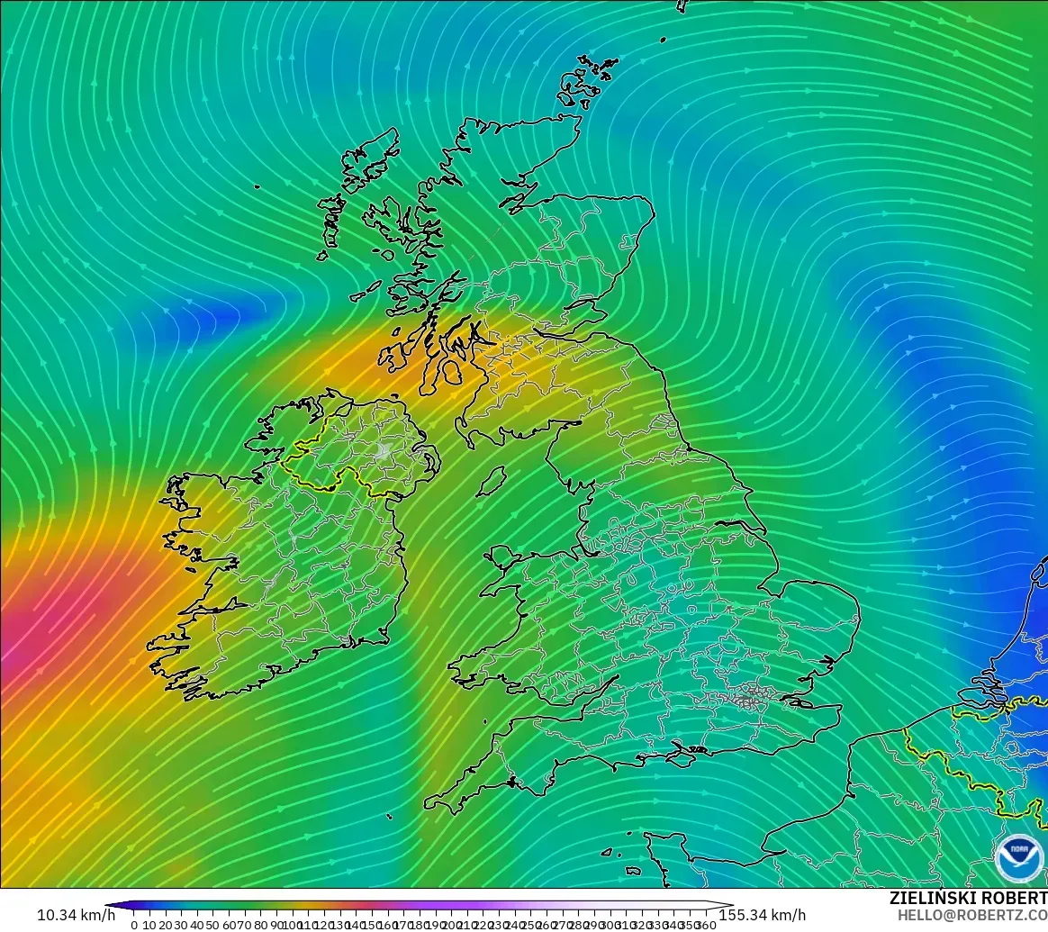 GFS modelo - Reino Unido, Viento a 300 hPa (corriente en chorro)