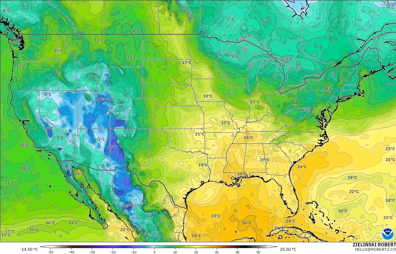 GFS modelo - Estados Unidos, Punto de rocío a 2 m