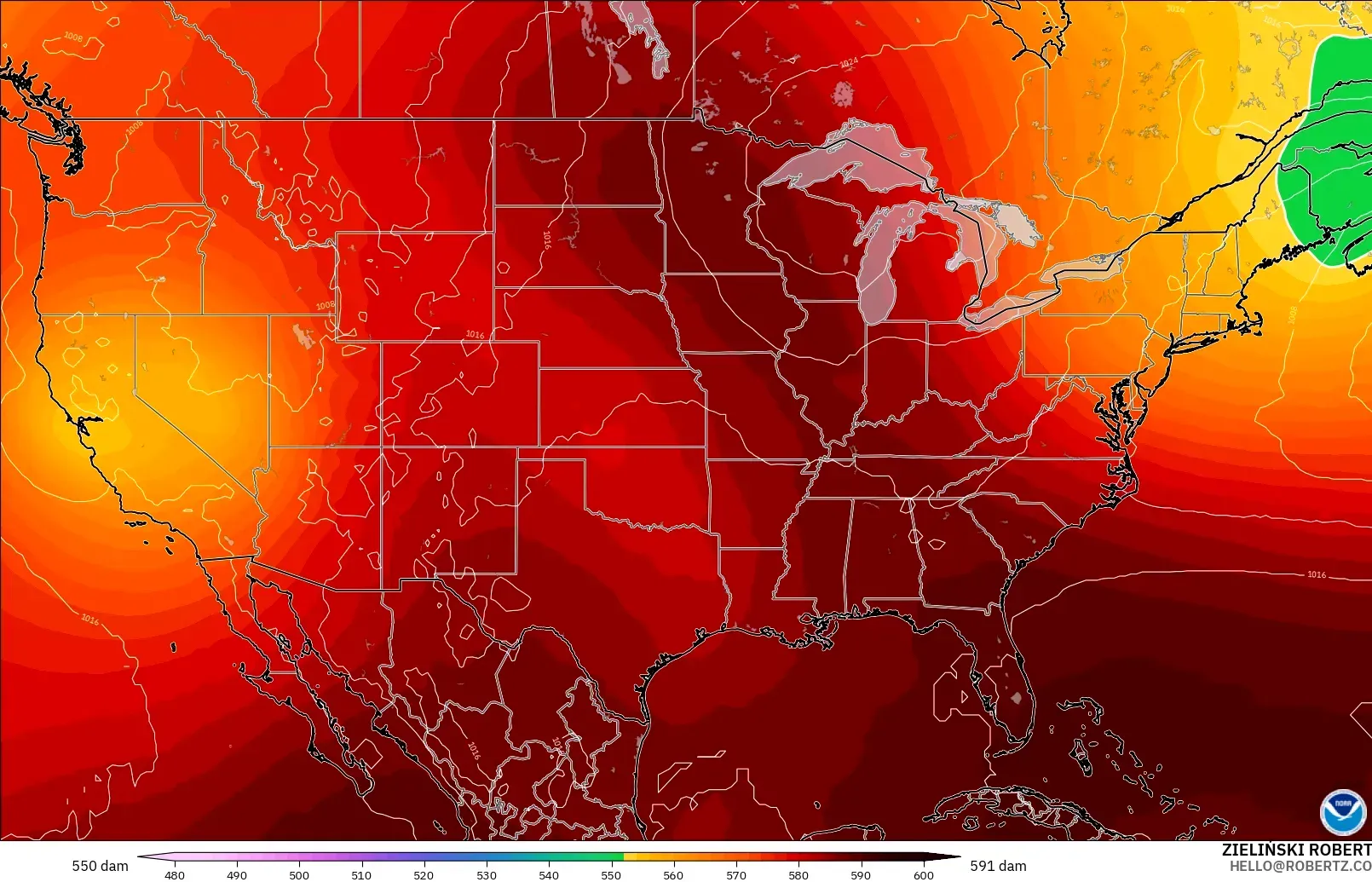GFS modelo - Estados Unidos, Altura geopotencial a 500 hPa