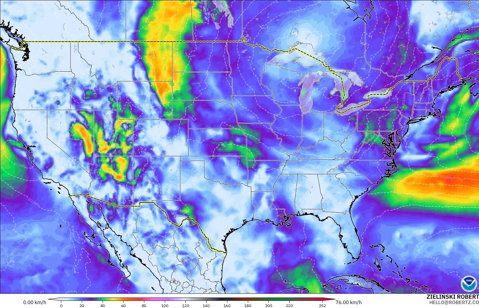 GFS modelo - Estados Unidos, Ráfagas de viento