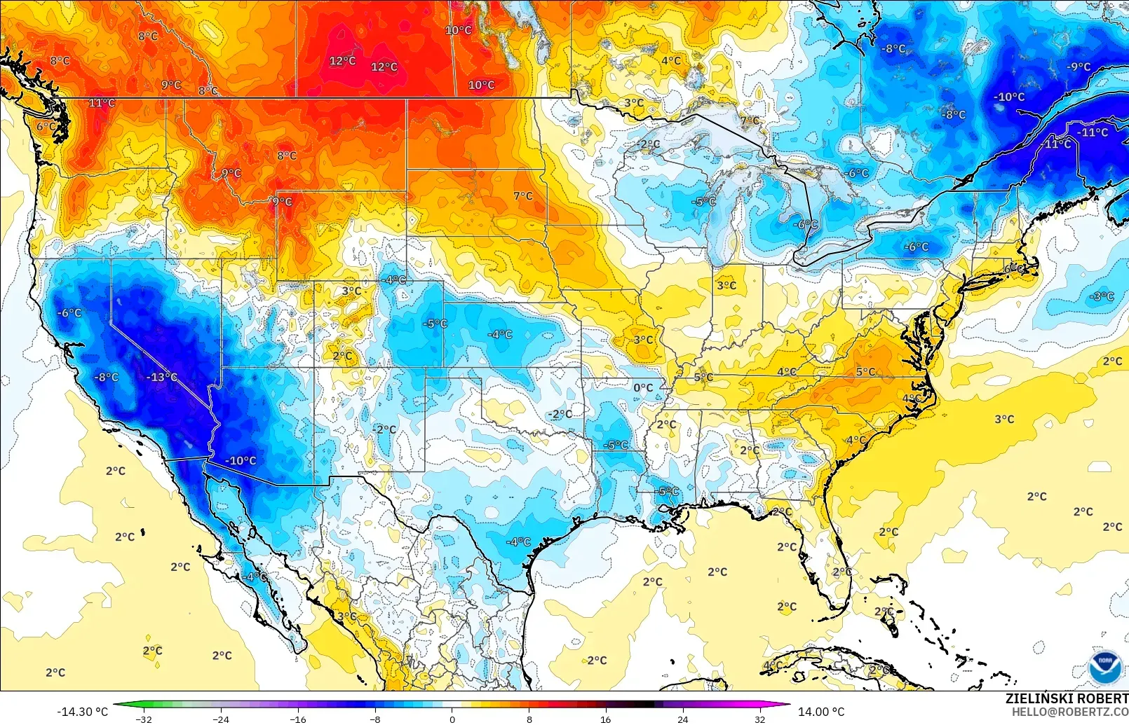 GFS modelo - Estados Unidos, Anomalía de temperatura a 2 m