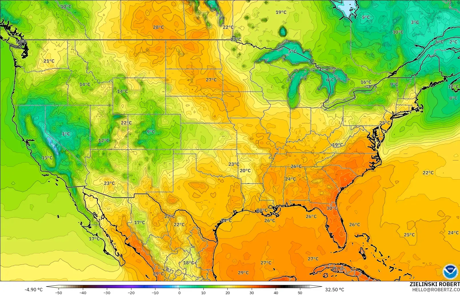 GFS modelo - Estados Unidos, Temperatura a 2 m