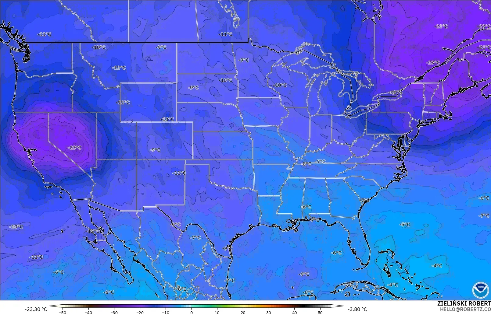 GFS modelo - Estados Unidos, Temperatura a 500 hPa