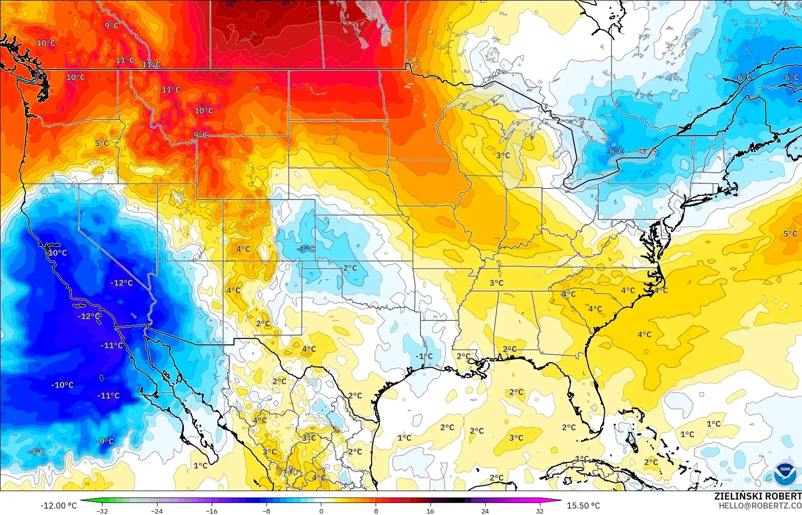 GFS modelo - Estados Unidos, Anomalía de temperatura a 850 hPa