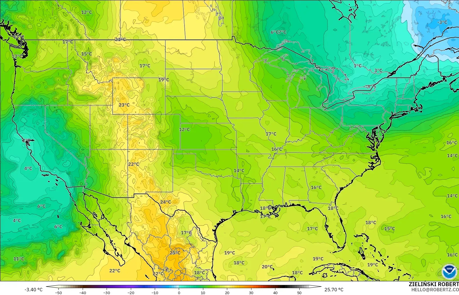 GFS modelo - Estados Unidos, Temperatura a 850 hPa