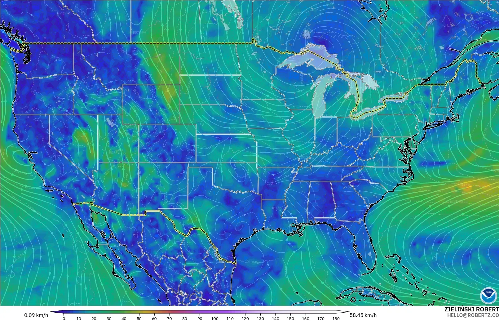 GFS modelo - Estados Unidos, Viento a 10 m