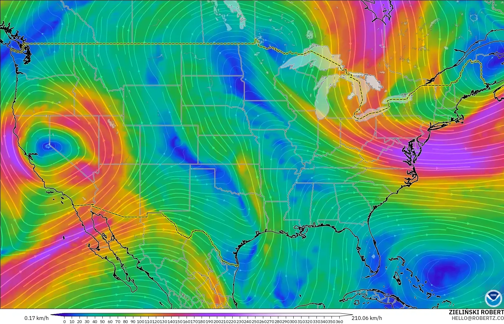 GFS modelo - Estados Unidos, Viento a 300 hPa (corriente en chorro)