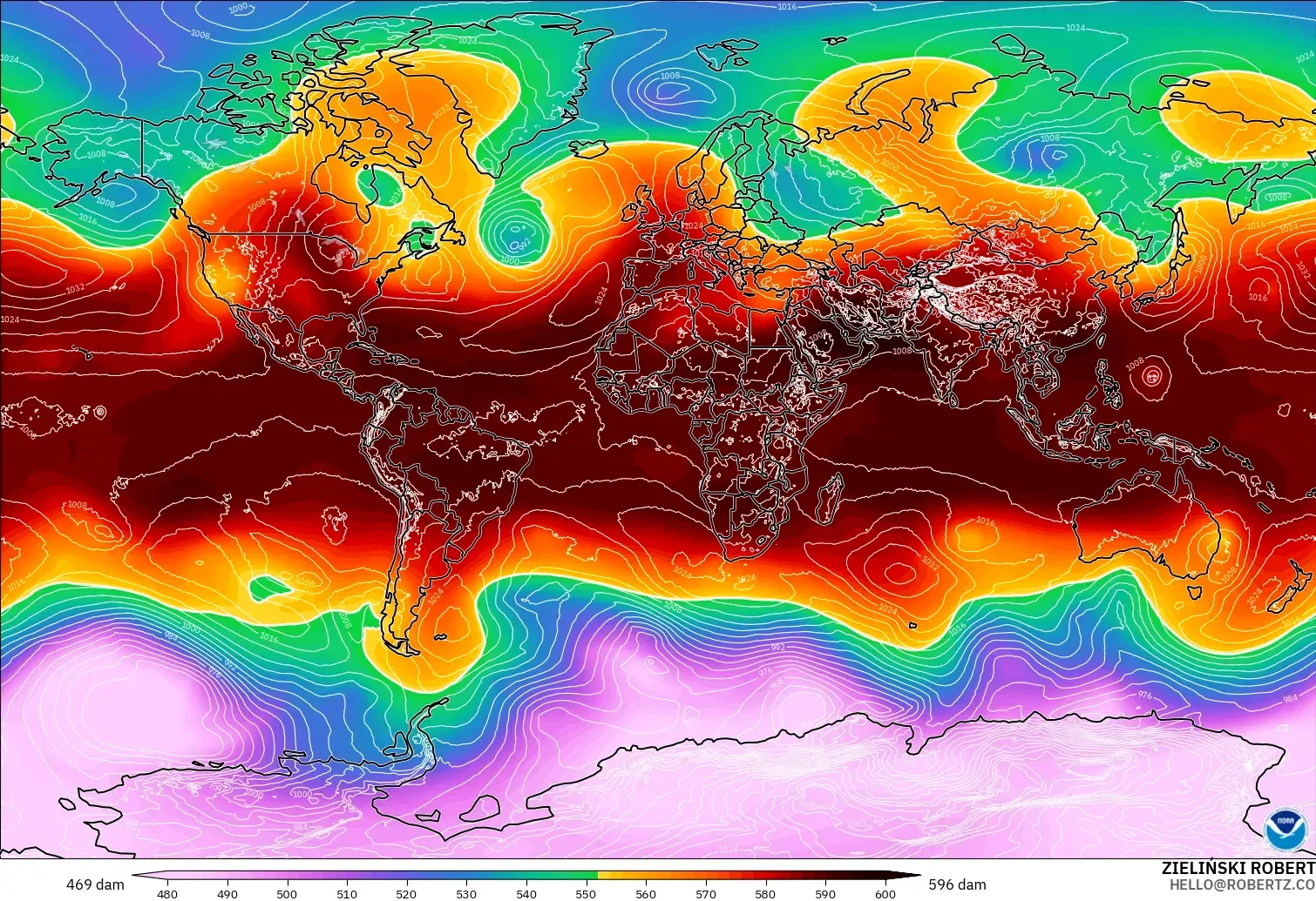 GFS modelo - Mundo, Altura geopotencial a 500 hPa