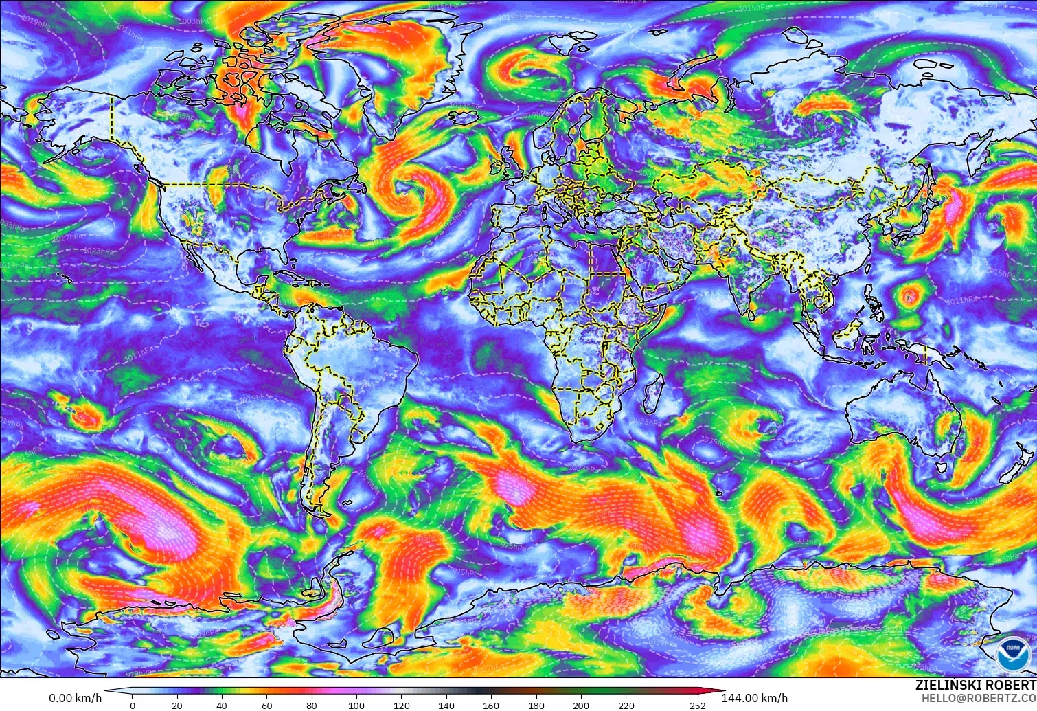 GFS modelo - Mundo, Ráfagas de Viento Máximas