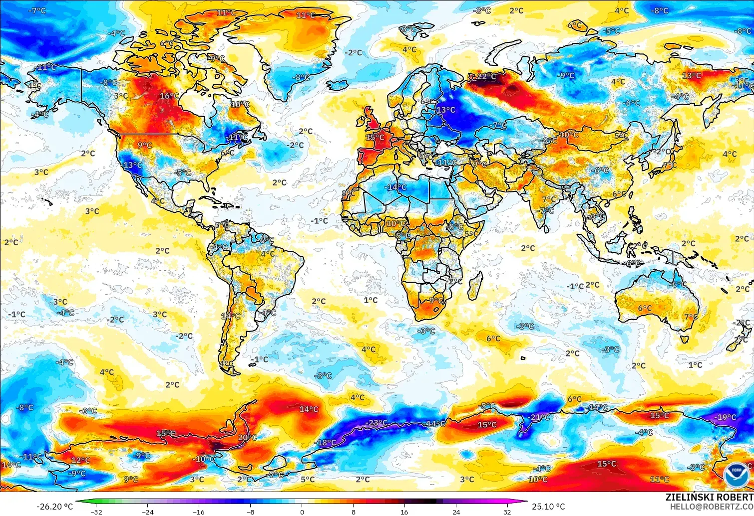 GFS modelo - Mundo, Anomalía de temperatura a 2 m