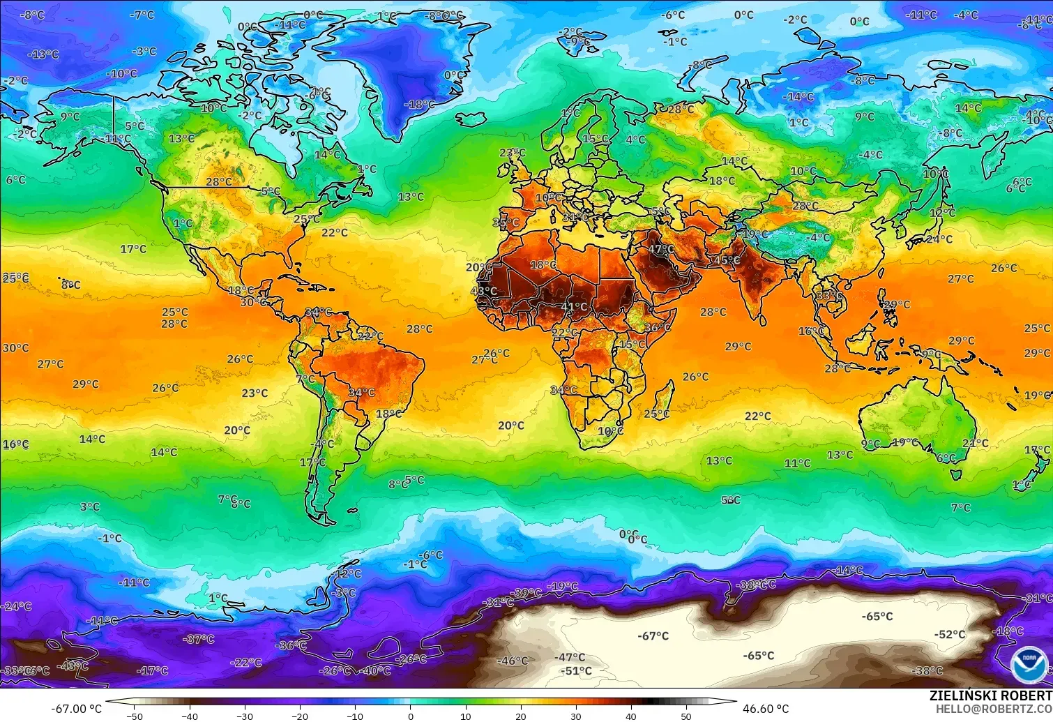 GFS modelo - Mundo, Temperatura a 2 m