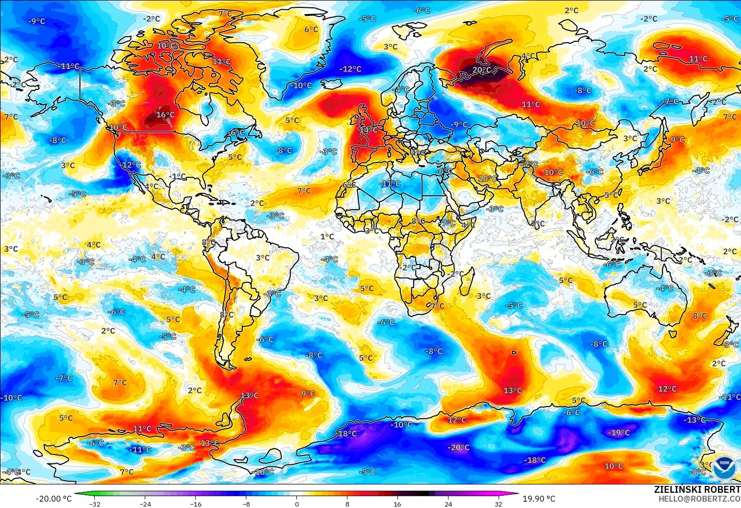GFS modelo - Mundo, Anomalía de temperatura a 850 hPa