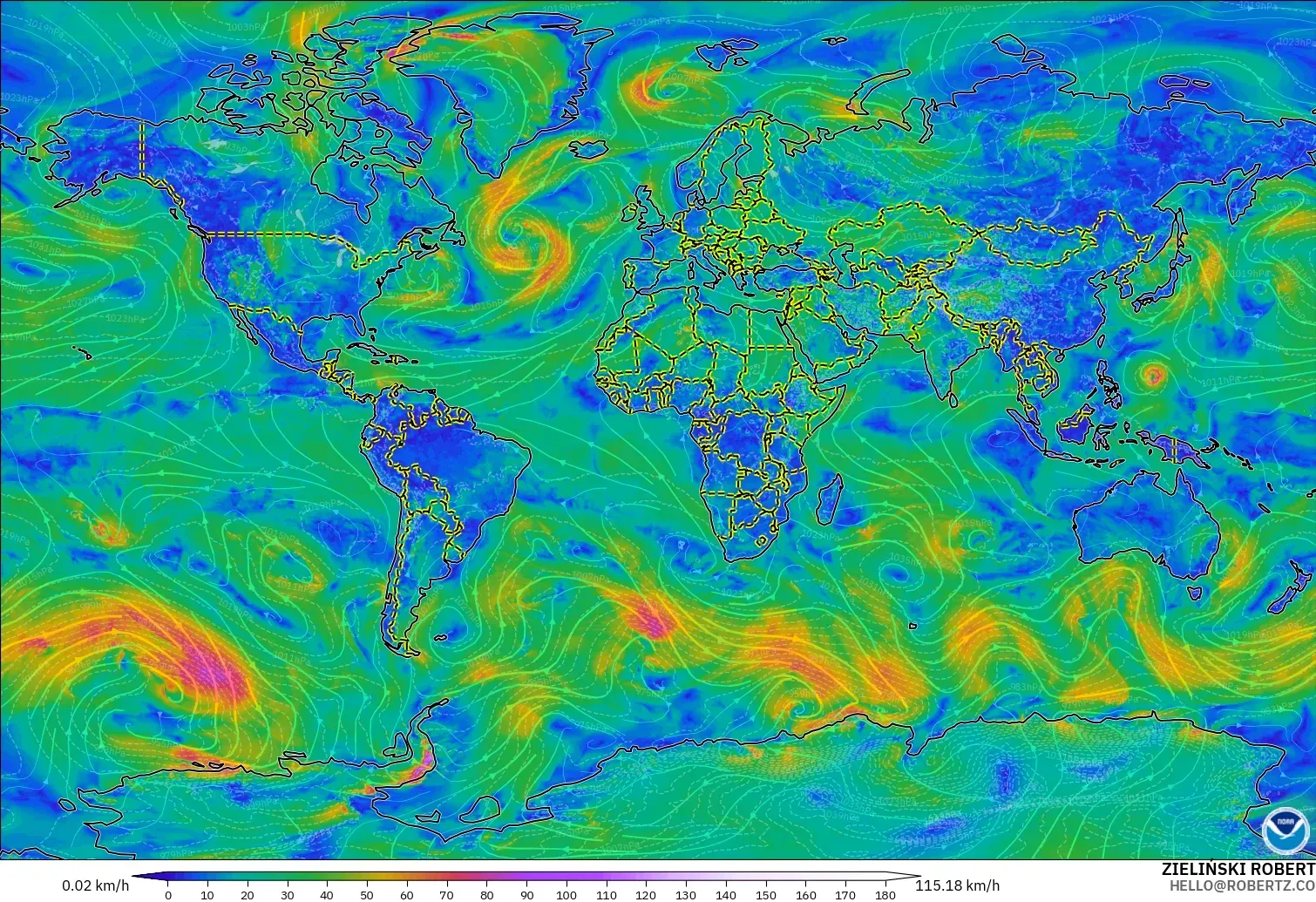 GFS modelo - Mundo, Viento a 10 m