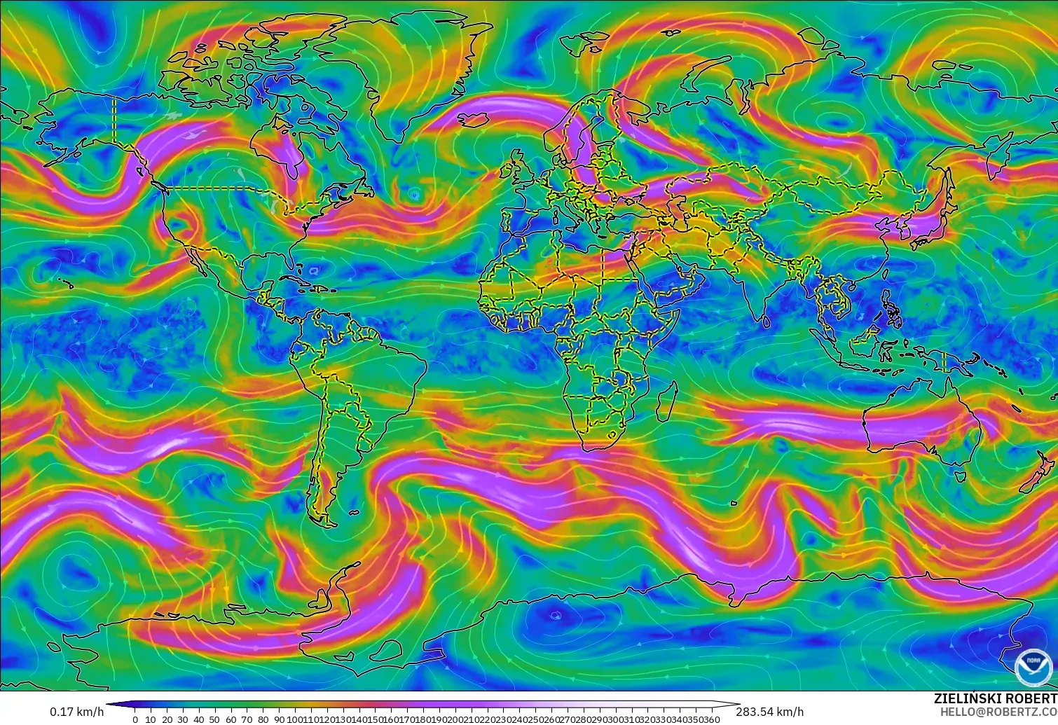 GFS modelo - Mundo, Viento a 300 hPa (corriente en chorro)