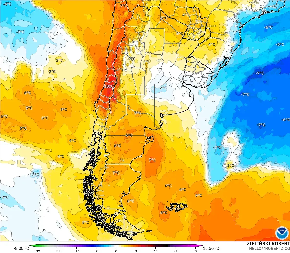 GFS modelo - Argentina, Anomalía de temperatura a 850 hPa
