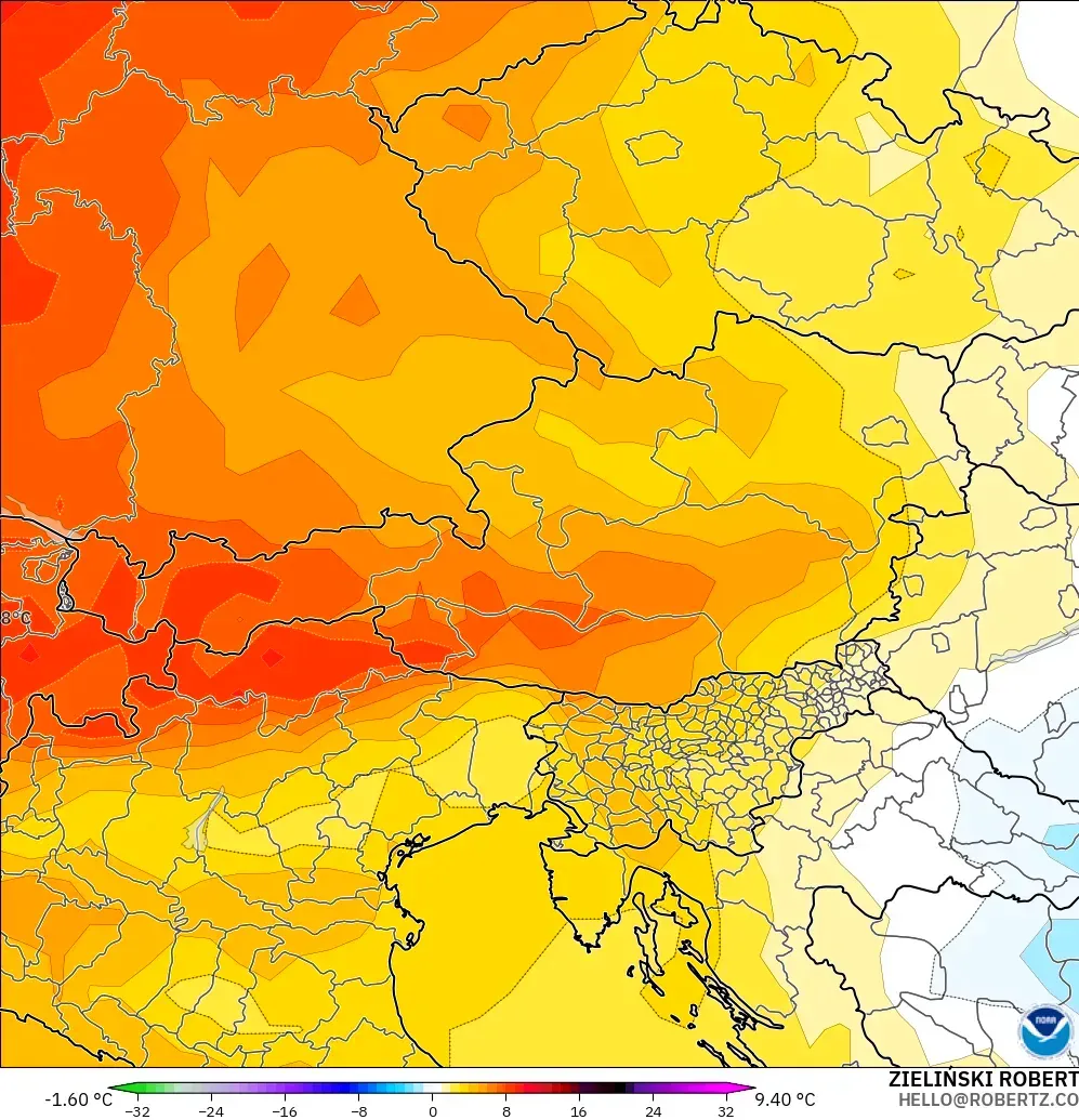 GFS modelo - Austria, Anomalía de temperatura a 850 hPa