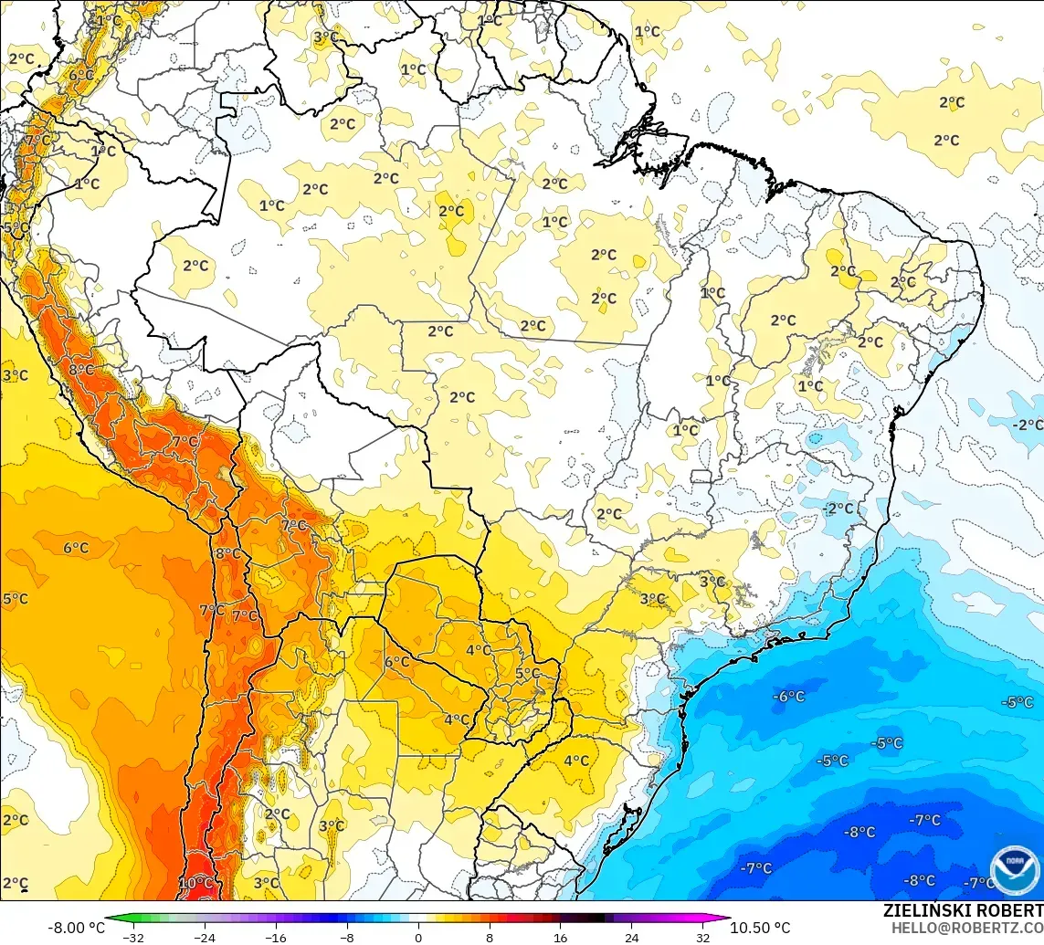 GFS modelo - Brasil, Anomalía de temperatura a 850 hPa