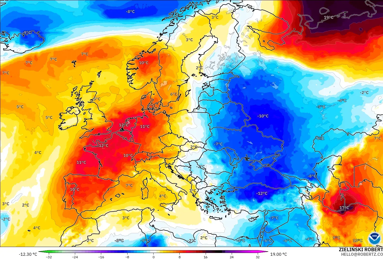 GFS modelo - Europa, Anomalía de temperatura a 850 hPa