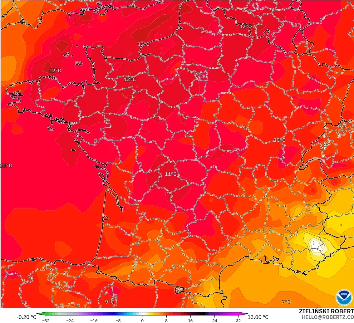 GFS modelo - Francia, Anomalía de temperatura a 850 hPa