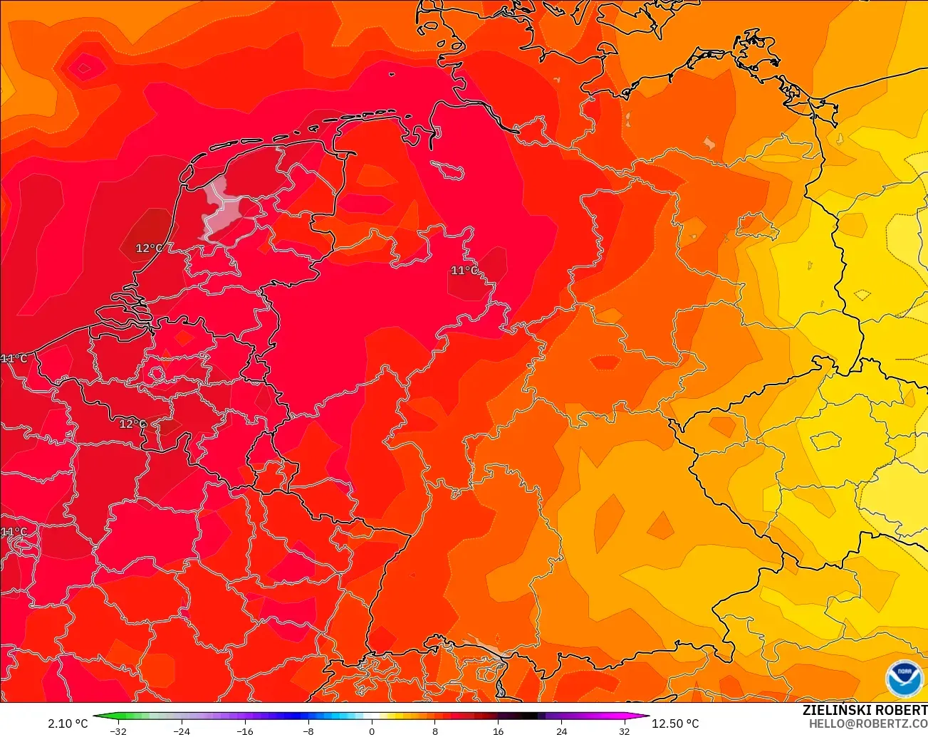 GFS modelo - Alemania, Anomalía de temperatura a 850 hPa
