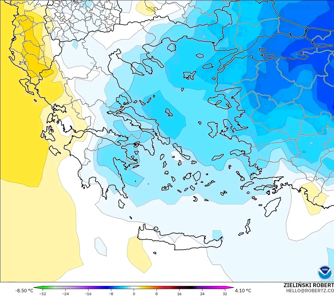 GFS modelo - Grecia, Anomalía de temperatura a 850 hPa
