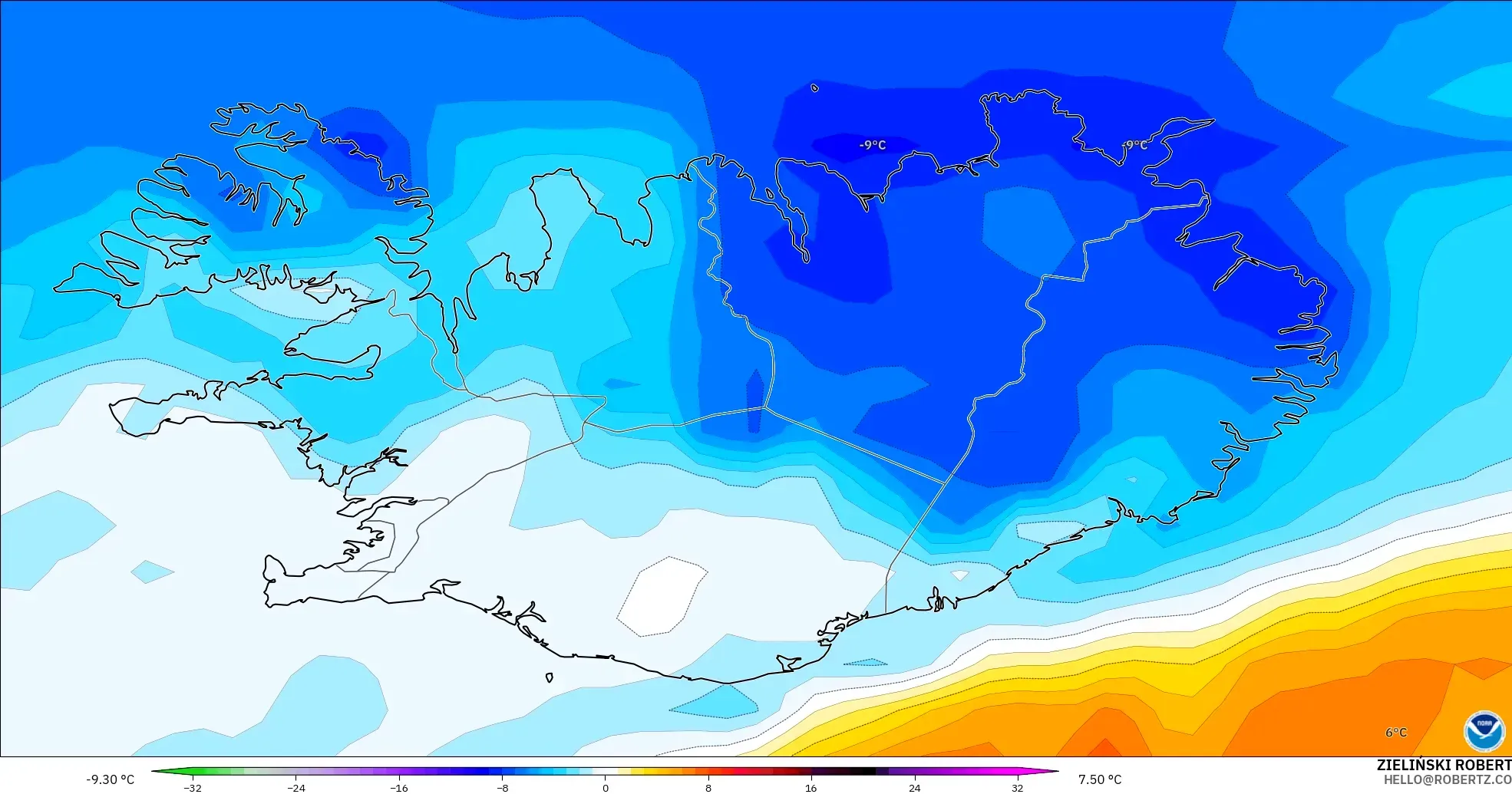 GFS modelo - Islandia, Anomalía de temperatura a 850 hPa