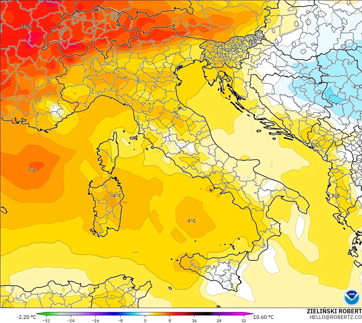 GFS modelo - Italia, Anomalía de temperatura a 850 hPa