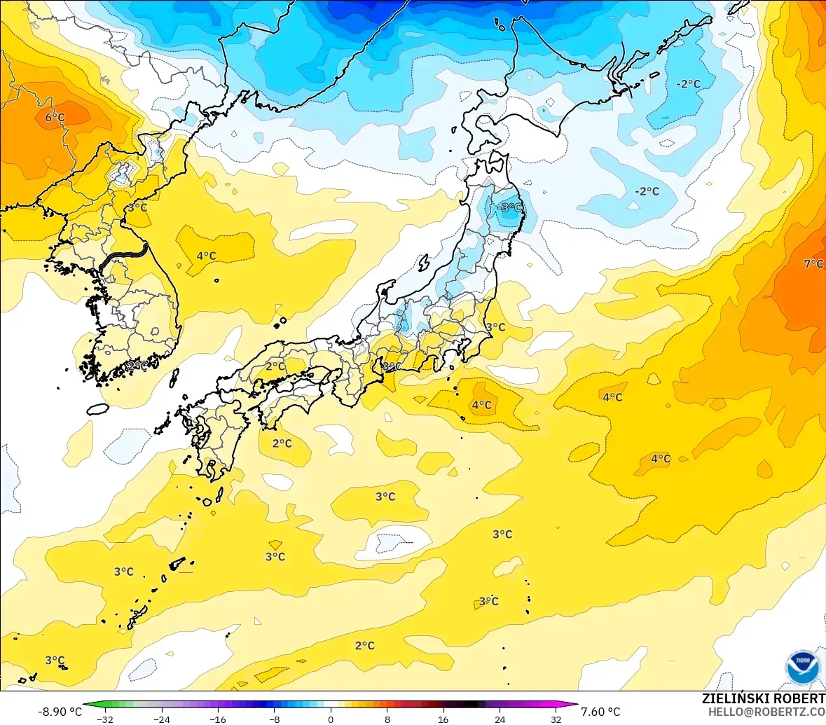 GFS modelo - Japón, Anomalía de temperatura a 850 hPa
