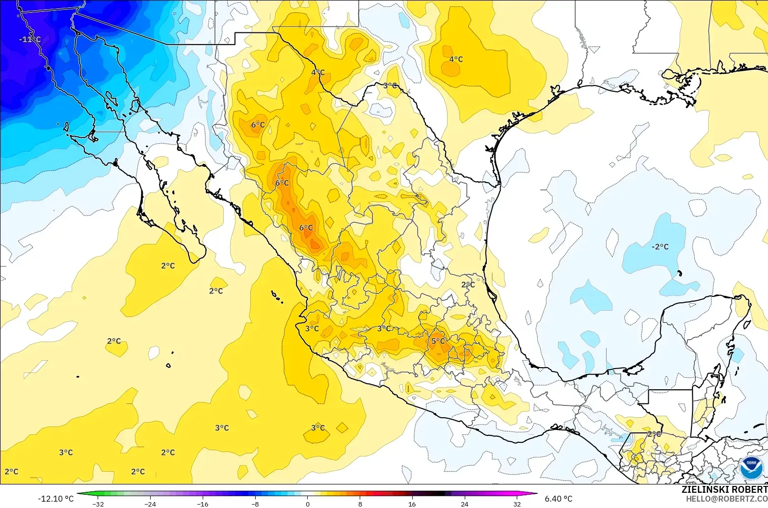 GFS modelo - México, Anomalía de temperatura a 850 hPa