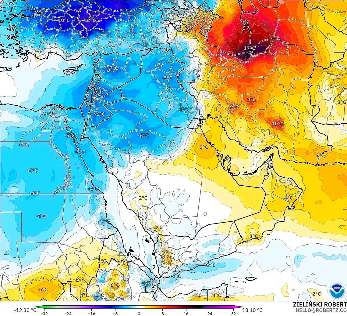GFS modelo - Oriente Medio, Anomalía de temperatura a 850 hPa