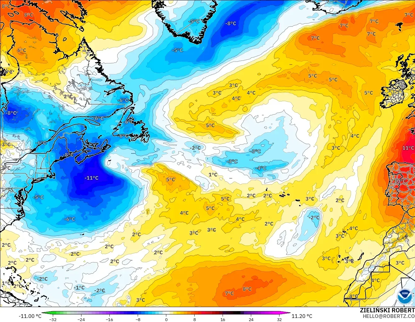 GFS modelo - Norte Atlántico, Anomalía de temperatura a 850 hPa