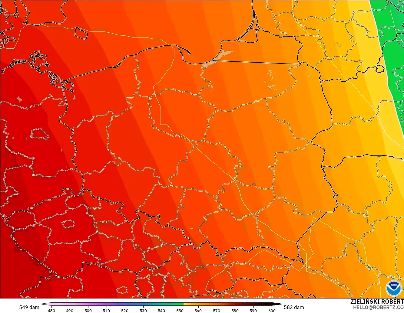GFS modelo - Polonia, Altura geopotencial a 500 hPa