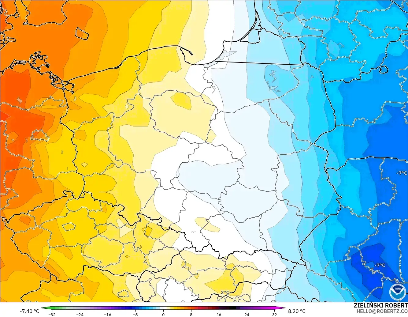 GFS modelo - Polonia, Anomalía de temperatura a 850 hPa