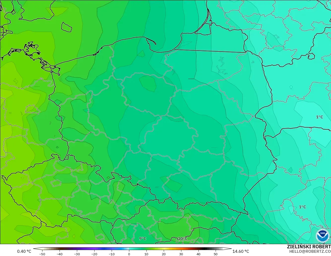 GFS modelo - Polonia, Temperatura a 850 hPa