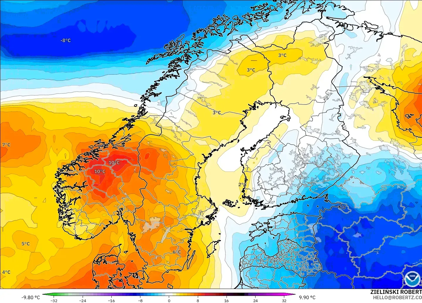 GFS modelo - Escandinavia, Anomalía de temperatura a 850 hPa
