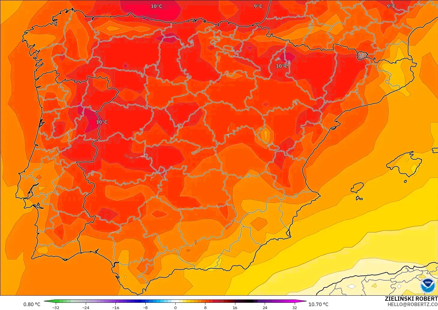 GFS modelo - España, Anomalía de temperatura a 850 hPa