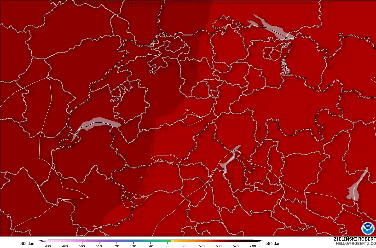 GFS modelo - Suiza, Altura geopotencial a 500 hPa