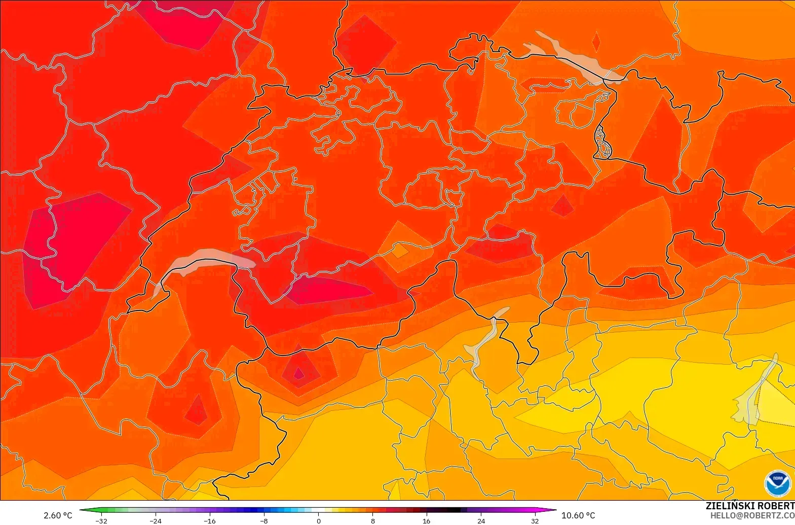 GFS modelo - Suiza, Anomalía de temperatura a 850 hPa