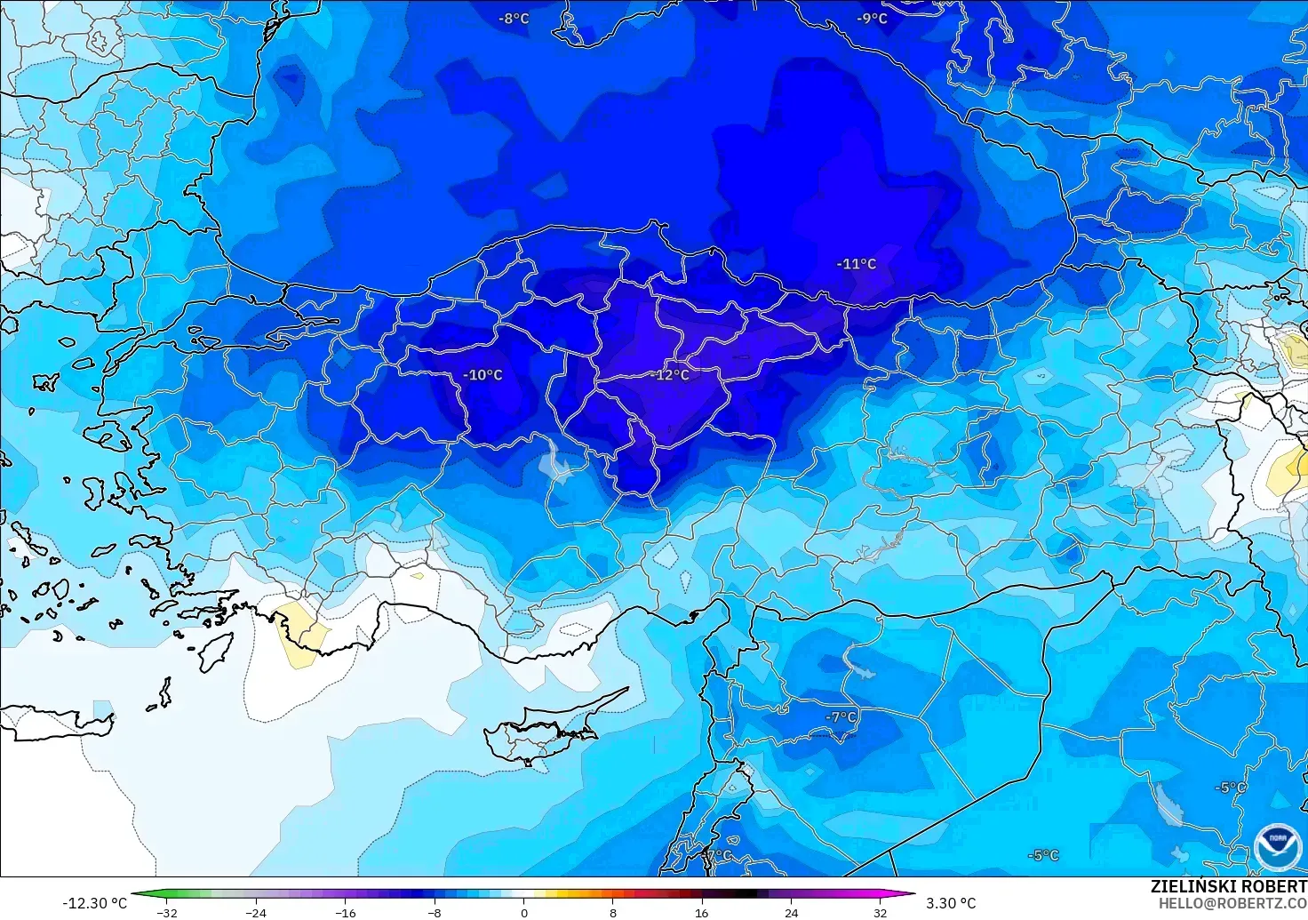 GFS modelo - Turquía, Anomalía de temperatura a 850 hPa