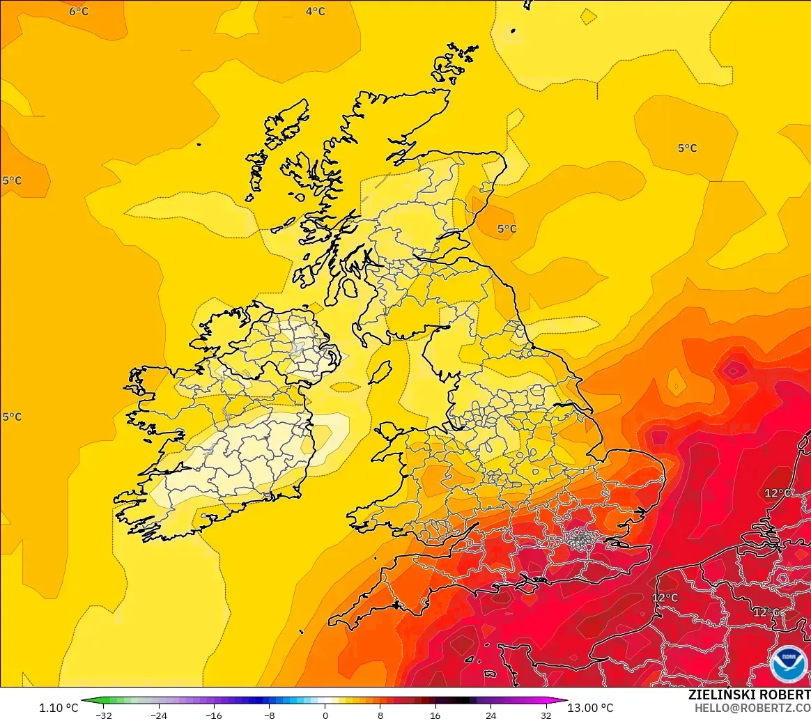 GFS modelo - Reino Unido, Anomalía de temperatura a 850 hPa