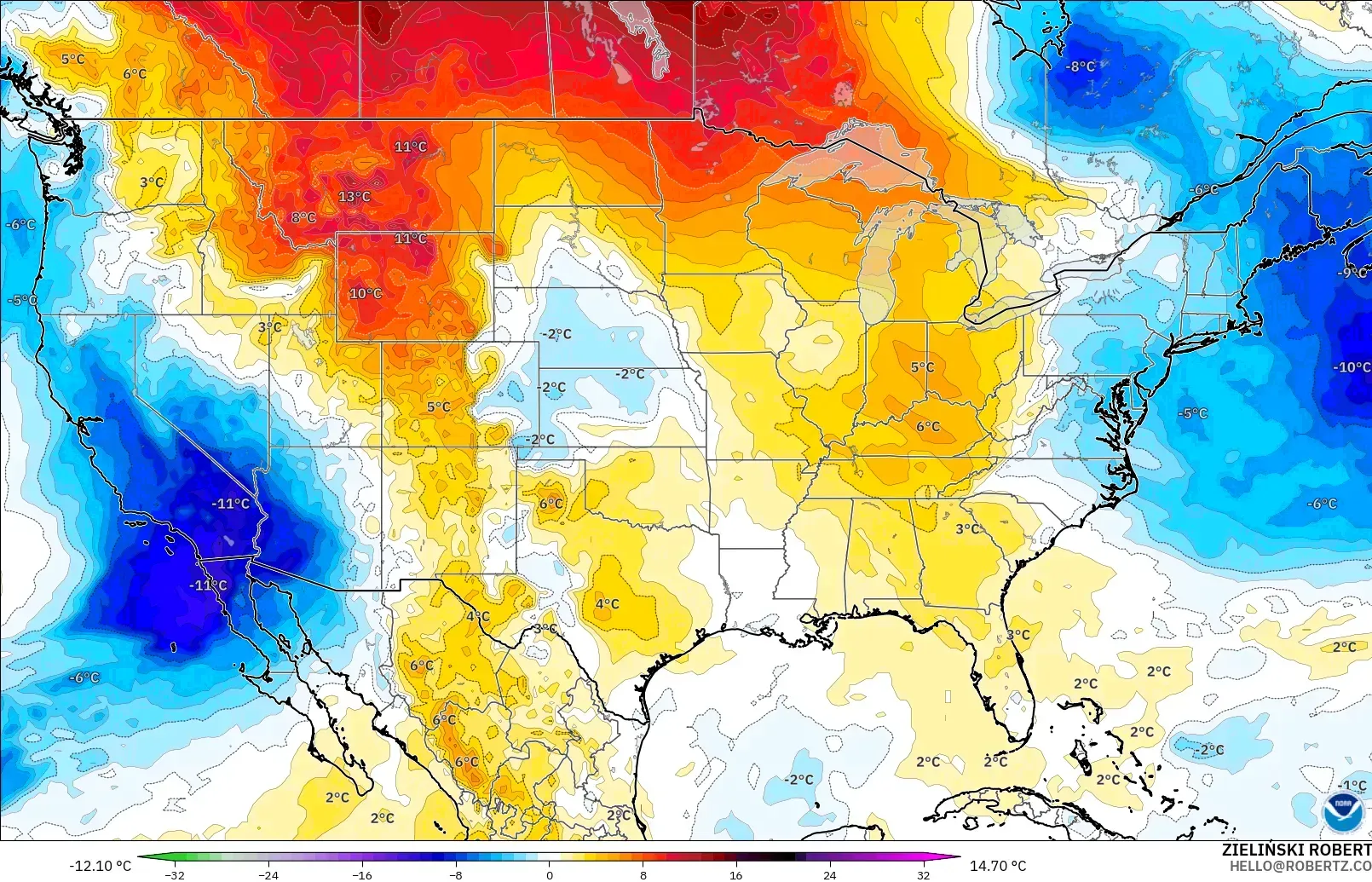GFS modelo - Estados Unidos, Anomalía de temperatura a 850 hPa