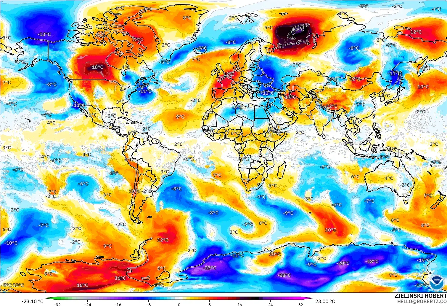 GFS modelo - Mundo, Anomalía de temperatura a 850 hPa