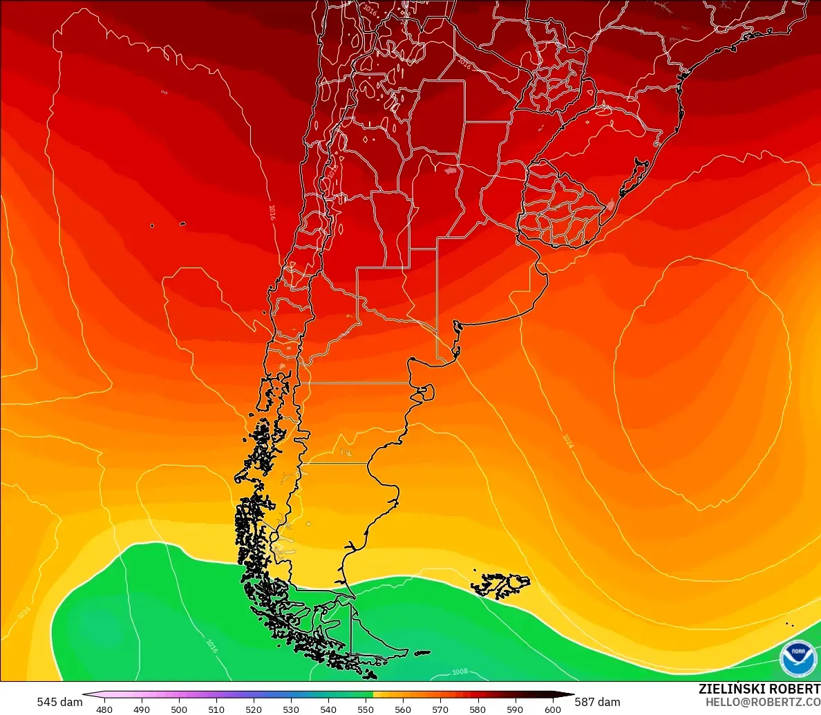 GFS modelo - Argentina, Altura geopotencial a 500 hPa
