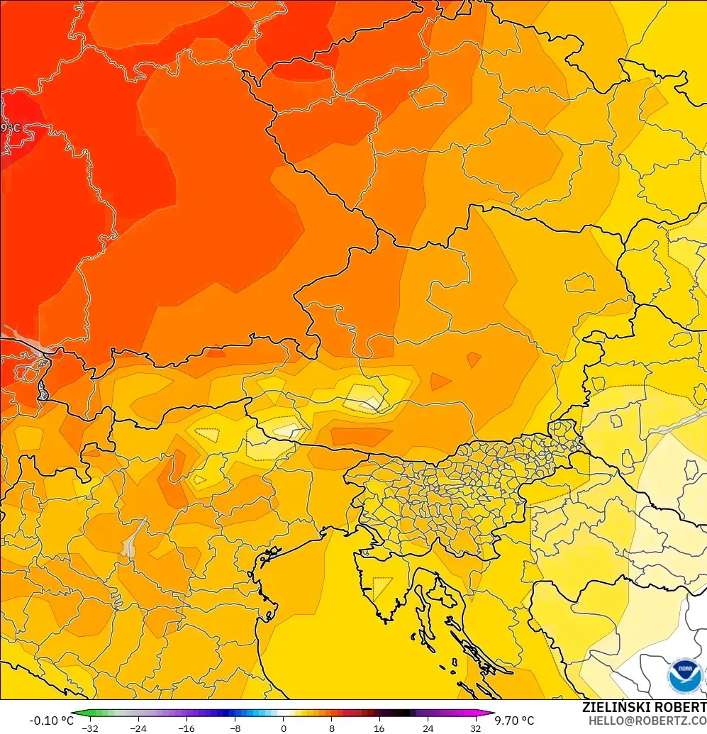 GFS modelo - Austria, Anomalía de temperatura a 850 hPa