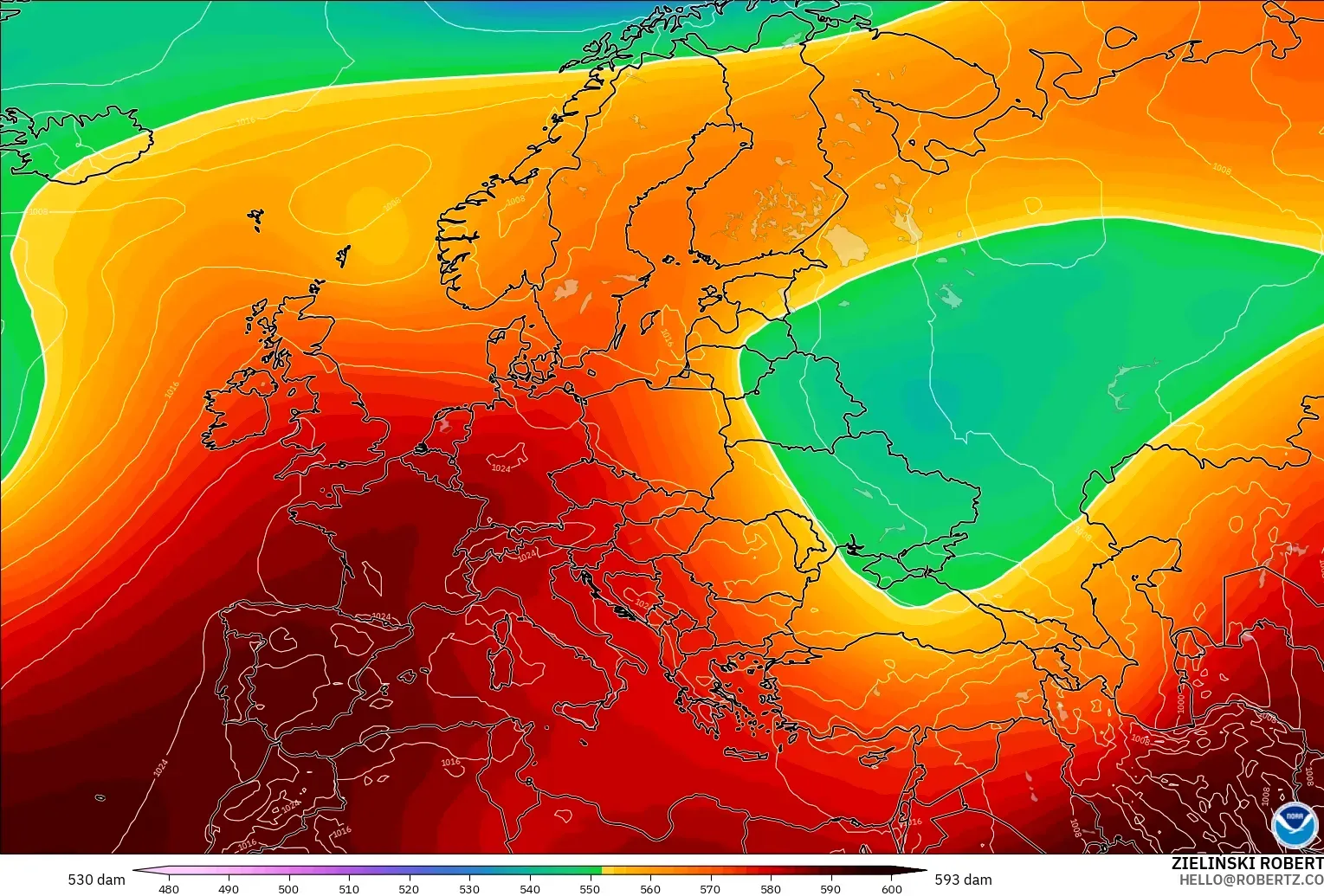 GFS modelo - Europa, Altura geopotencial a 500 hPa